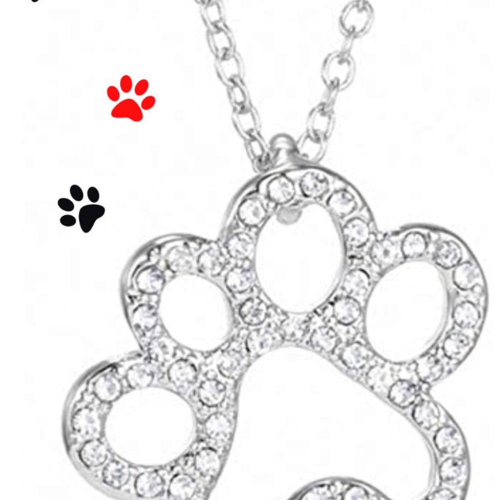 Dog Cat Paw Print Bling Silver/Clear Rhinestone Necklace Pendant